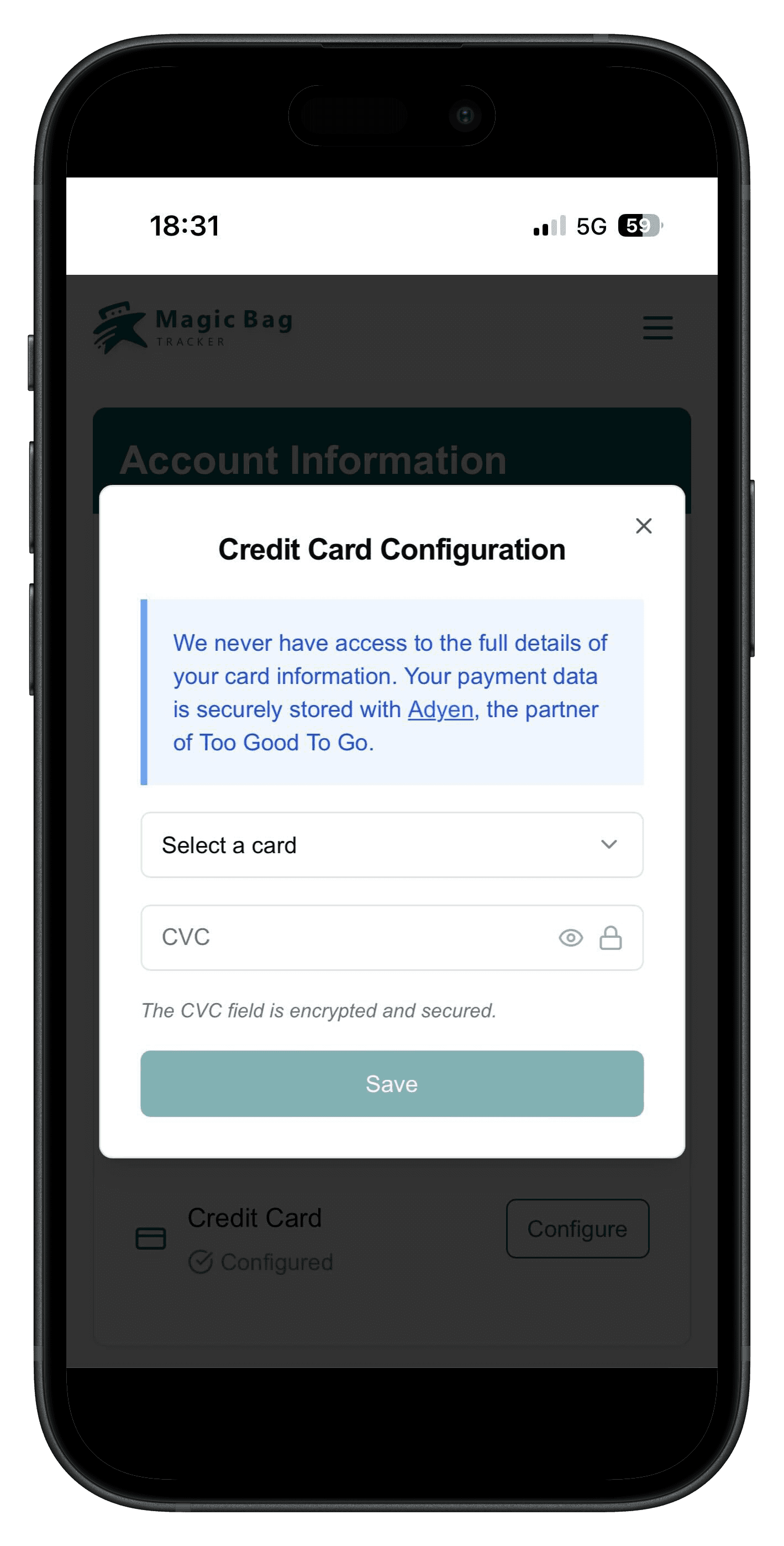 Screenshot of setting up payment method