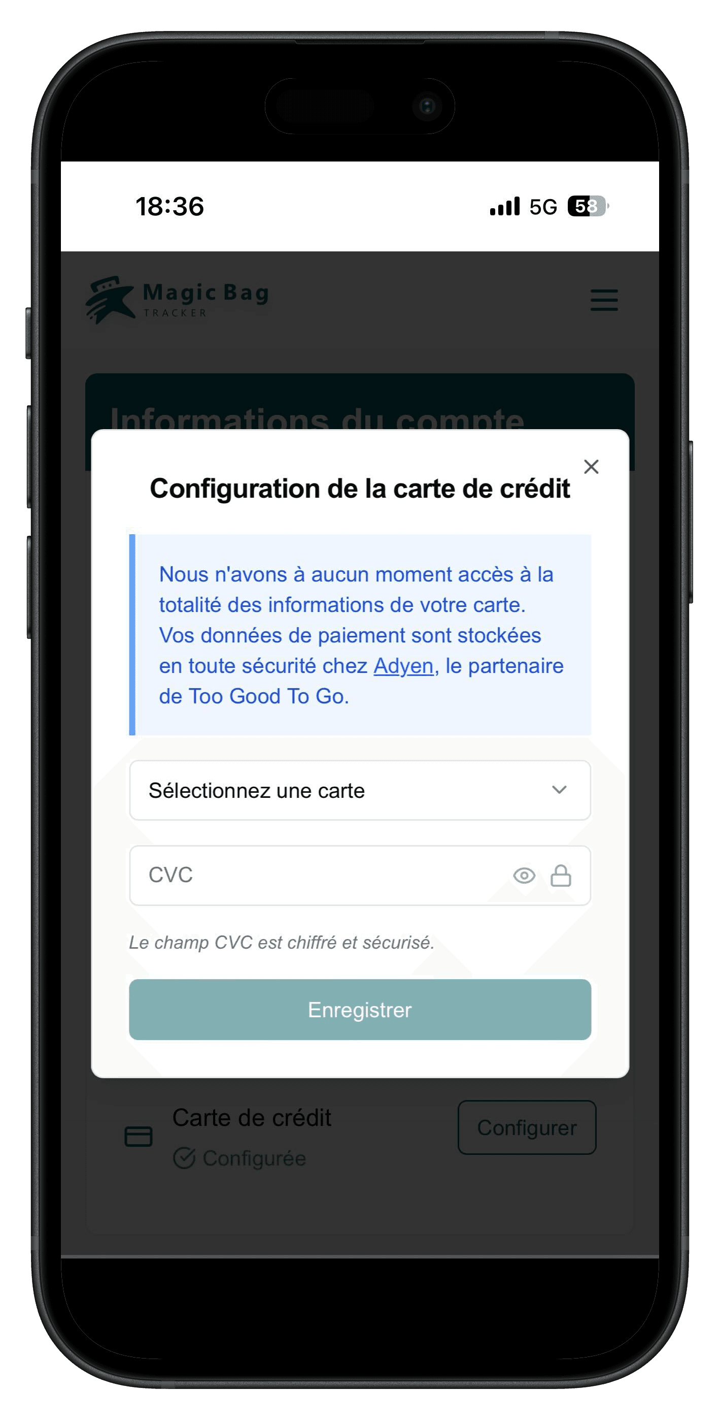 Capture d'écran de la configuration du moyen de paiement