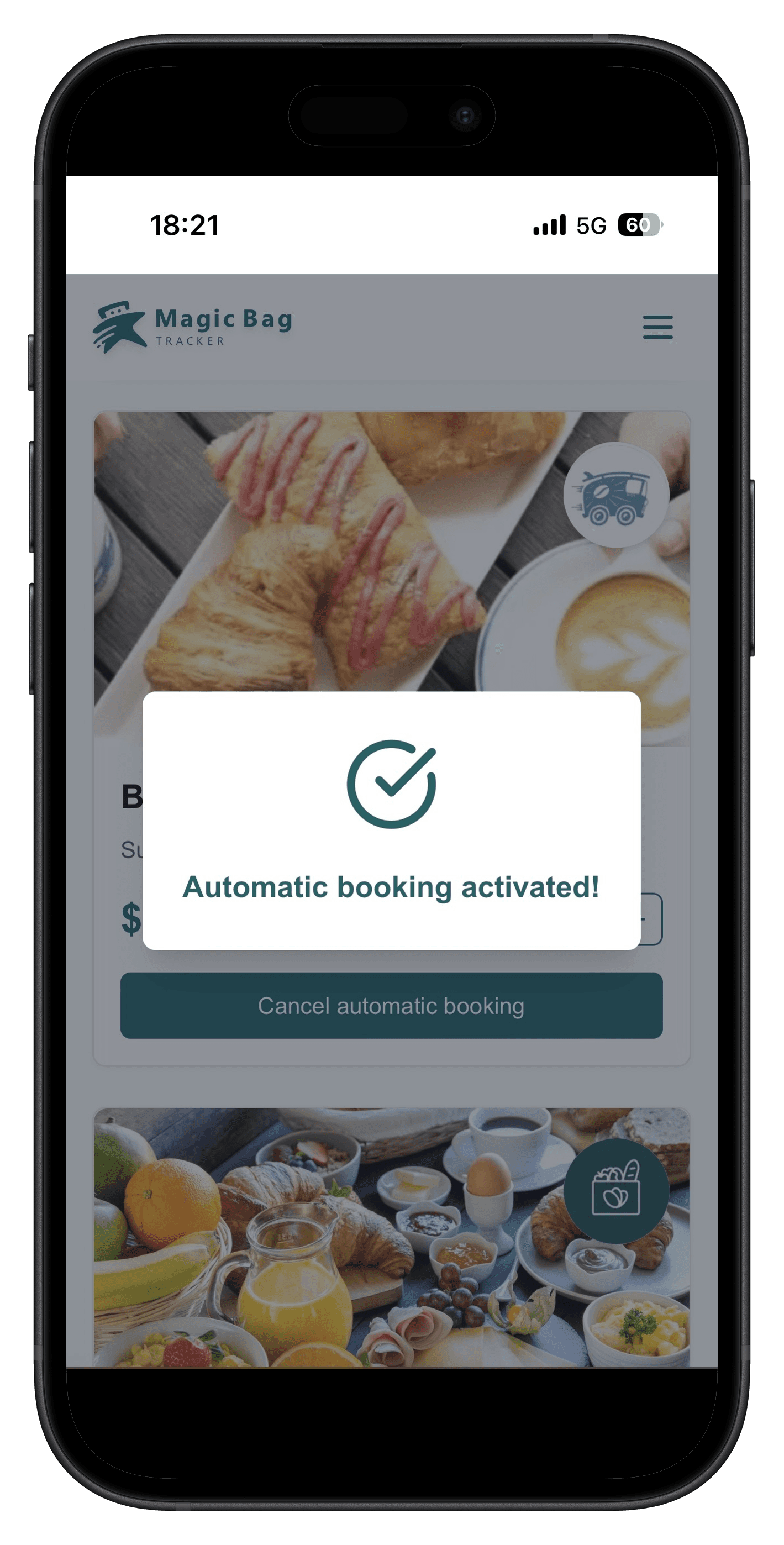 Screenshot showing how to activate automatic booking on a bag