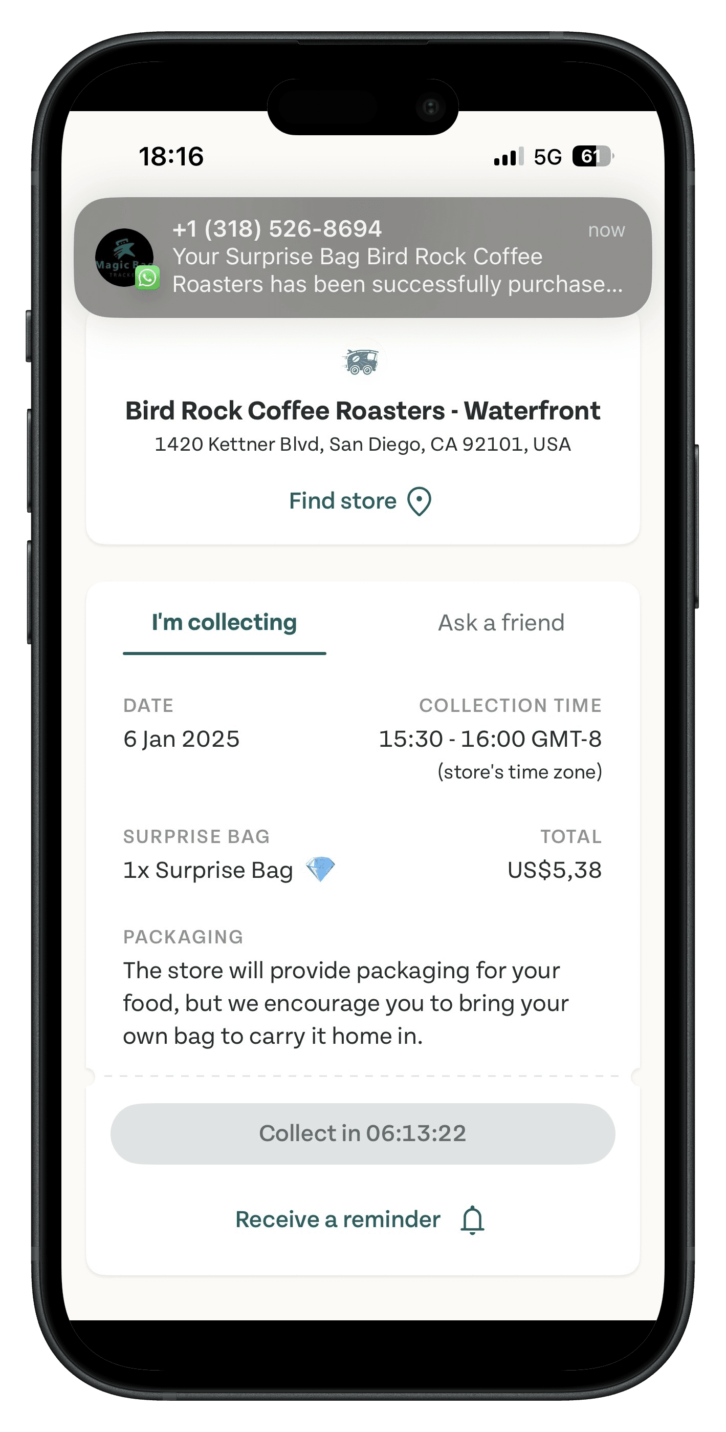Screenshot showing the booked bag in the Too Good To Go app